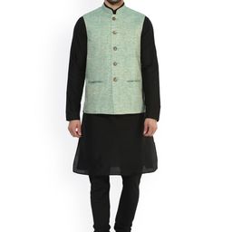 KISAH Men Black & Green Solid Kurta with Churidar and Nehru Jacket-picture-6