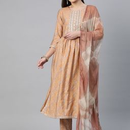 Readiprint Fashions Women Printed Pleated Chanderi Silk Kurta with Palazzos & With Dupatta-image-11