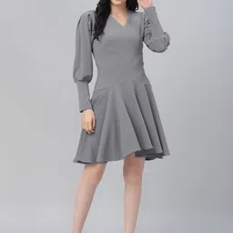Athena Women Grey Solid Fit and Flare Dress-image-63