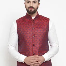 TREEMODA Men Maroon Woven Design Pure Silk Brocade Nehru Jacket-39