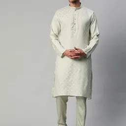 MANQ Men Green Ethnic Motifs Chanderi Cotton Kurta with Pyjamas-picture-28
