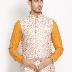 Manyavar Men Pink & Red Floral Printed Woven Nehru Jacket-1
