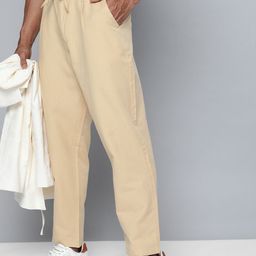 ether Men Beige Solid Tapered Fit Pleated Trousers-image-80