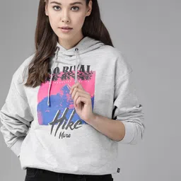 Roadster Women Grey Melange Printed Hooded Sweatshirt-image-93