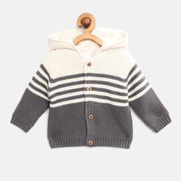 Marks & Spencer Kids Charcoal Grey & Off White Pure Cotton Self Striped Hooded Cardigan-6