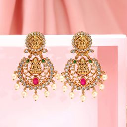Rubans 22K Gold-Plated Ruby Emerald & CZ Divine Lakshmi Motif Temple Chandbalis-20