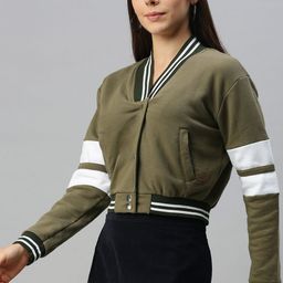 Campus Sutra Women Olive Green Solid Cropped Sweatshirt-image-32