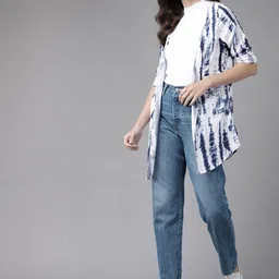 Roadster Women White & Navy Blue Printed Longline Shrug-24