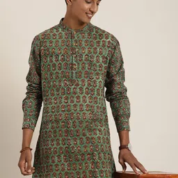 Taavi Men Pure Cotton Floral Printed Regular Bagru Kurta with Trousers-8