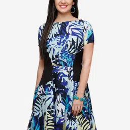 V&M Women Black & Blue Printed Fit and Flare Dress-image-7