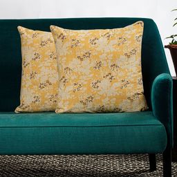 Contrast Living Set of 2 Yellow & Beige Floral Printed Square Cushion Covers-21