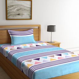 KLOTTHE Blue & White Printed 210 TC Single Bedsheet With 1 Pillow Cover-image-22