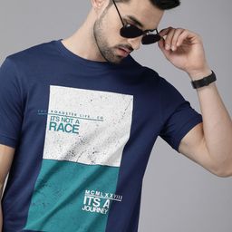 Roadster Men Navy Blue & White Colourblocked Pure Cotton T-shirt-image-10