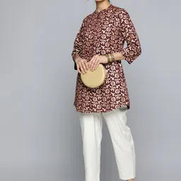 HERE&NOW Floral Printed Band Collar A-Line Kurti-image-11