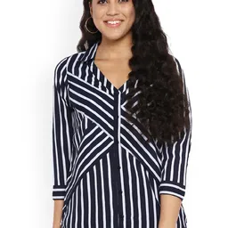 Qurvii Plus Size Women Navy Blue Regular Fit Striped Casual Shirt-image-24
