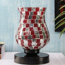 Devansh Maroon & Gold-Toned Textured Traditional Mosaic Iron Lamp Base with Glass Shade-2
