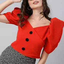 Kassually Red V-Neck Puff Sleeves Wrap Crop Top-image-78
