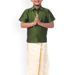 Thala-thalapathy Boys Green & Off-White Solid Shirt and Veshti With Gift Set-45