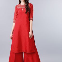 Vishudh Women Red Yoke Design A-Line Kurta-image-45