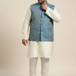 SOJANYA PLUS Men Plus Size Cream-Coloured Ethnic Motifs Kurta with Pyjamas & Nehru Jacket-4