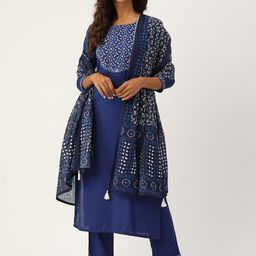 MissKurti Women Blue Ethnic Motifs Yoke Design Thread Work Kurta with Trousers & With Dupatta-picture-24