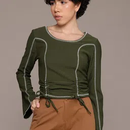 The Roadster Lifestyle Co. Ruched Ribbed Bell Sleeve Top-picture-10