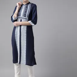 W Women Navy Blue & White Ethnic Motifs Printed Kurta-picture-48