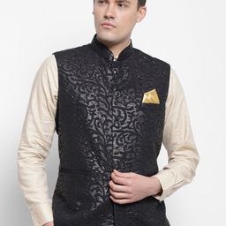 LUXURAZI Men Black Woven Design Nehru Jacket-15
