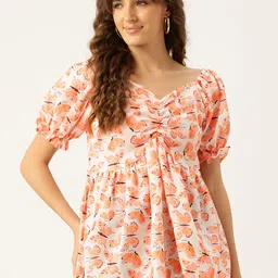 FERANOID Print Sweetheart Neck Puff Sleeve Linen Blouson Top-image-49