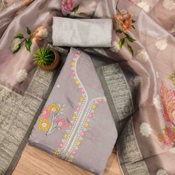 HERE&NOW Floral Sequinned Roman Silk Unstitched Dress Material-image-17