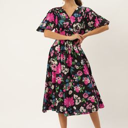 MISRI Floral Print Flared Sleeve Cotton Midi Dress-image-77