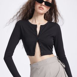 glitchez Ribbed Glam Front-Open Crop Fitted Top-image-83