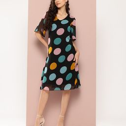 Qurvii Polka Dot Print Flared Sleeve Georgette A-Line Midi Dress-image-64
