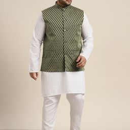 SOJANYA PLUS Plus Size Men White Cotton Kurta with Churidar & Nehru Jacket-11