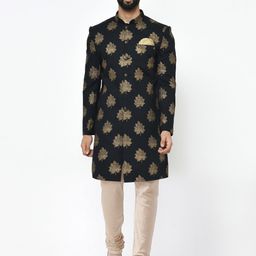 KISAH Men Black & Gold Printed Cotton Sherwani Set-image-13