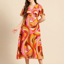 Qurvii Print Flared Sleeve Georgette Wrap Midi Dress-image-30