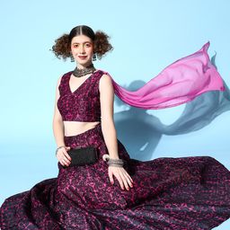 Shae by SASSAFRAS Pink & Black Ethnic Motifs Crop Top with Attached Dupatta-image-67