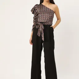 Antheaa Women Black & Brown One-Shoulder Printed Basic Jumpsuit-picture-17