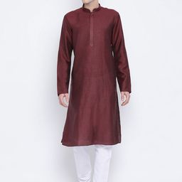 NAMASKAR Men Maroon Solid Cotton Linen Kurta-image-42