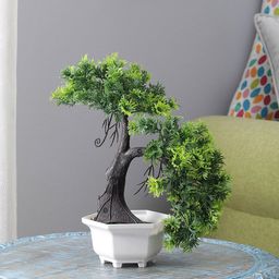 FOLIYAJ Green Artificial Shoe Horn Shaped Bonsai Tree-55