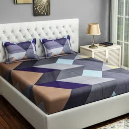 SWAYAM Grey & Blue Geometric 200 TC Cotton 1 King Bedsheet with 2 Pillow Covers-image-76