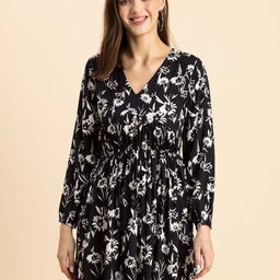 Moomaya Black Floral Print Fit & Flare Dress-image-32