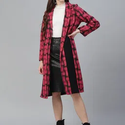 Athena Women Pink & Black Checked Longline Overcoat-image-2