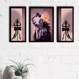 eCraftIndia Set of 3 Grey & Black Lord Shiva Satin Matt Textured UV Wall Paintings-13