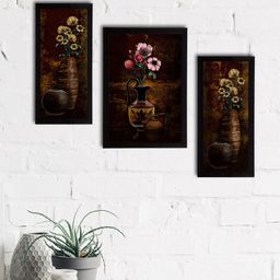 eCraftIndia Set of 3 Brown & Pink Botanical and Floral Satin Matt Textured UV Art Painting-27