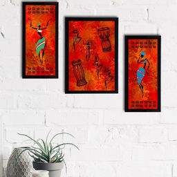 eCraftIndia Set of 3 Red & Black Tribal Theme Satin Matt Textured UV Wall Art-8