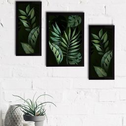 eCraftIndia Set of 3 Green & Black Botanical and Floral Satin Matt Textured UV Art Painting-17