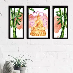 eCraftIndia Set Of 3 Brown & Green Meditating Lord Buddha Wall Paintings-image-24