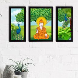 eCraftIndia Set of 3 Green & Orange Meditating Lord Buddha Satin Matt Textured UV Wall Paintings-30