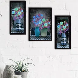 eCraftIndia Set Of 3 Blue & Grey Floral And Botanical Wall Paintings-10